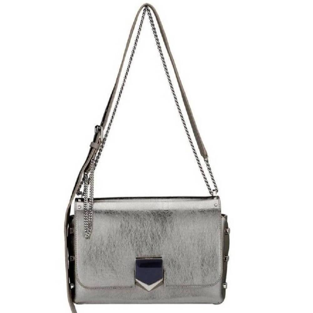 NEW JIMMY CHOO women's lockett studded leather crossbody bag in metallic silver